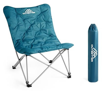 Luxury Camping Chair for Adults | Comfy Folding Chairs with Large Relax Padded Seat | Heavy Duty Moon Chair with Back Pocket | Portable Carry Bag | Outdoor Indoor Garden Fishing Beach Blue