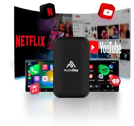 AutoSky Wireless CarPlay und Android Auto AI Box Lite Plus 2.0 für werkseitig verkabelte CarPlay Autos 2024 - Unterstützt Netflix und YouTube - Go Wireless CarPlay und Android Auto Kabelgebundenes