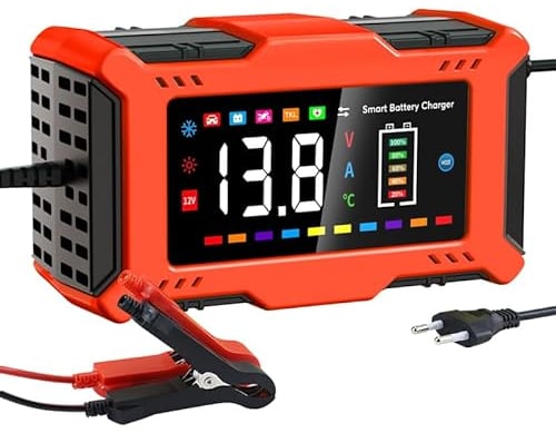 Caricabatterie Auto Moto 6A,12V fosfato di ferro Litio Acido di piombo,Multi Protezioni Carica Batteria Moto,Intelligente Schermo LED Carica Batterie,Completamente Automatico per Moto,Barche