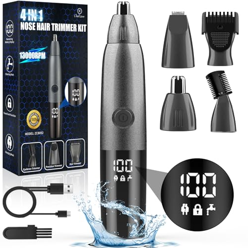 Oukzon Nasenhaartrimmer Herren Frauen, 4 in 1 Nasenhaarentferner USB Wiederaufladbar mit LED Anzeige, Professioneller Schmerzfrei Nasenhaarschneider für Nase, Ohren, Augenbrauen, Gesicht, IPX7
