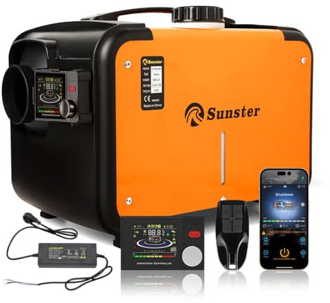 Sunster 12V/24V DC&110-240V AC Tragbare Diesel Standheizung, 8KW integrierte Dieselluftheizung, Bluetooth-App, Fernbedienung und LCD-Anzeige, für Autos LKWs Schiffe Busse Wohnmobile