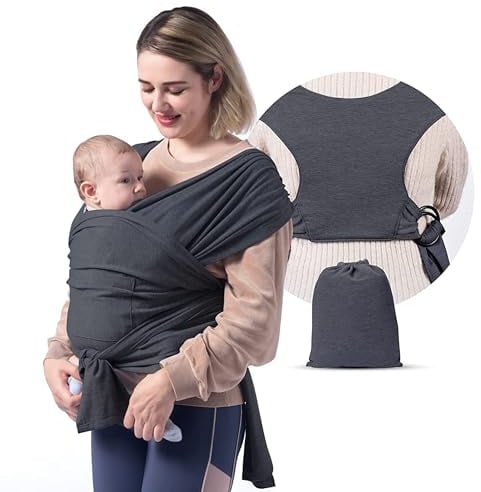 SKY & ZEN Tragetuch Baby Neugeborene - Babytragetuch ohne binden, Babytrage ab Geburt bis 15 Kilo, elastisches Tragetuch mit Vordertasche in Anthrazitgrau