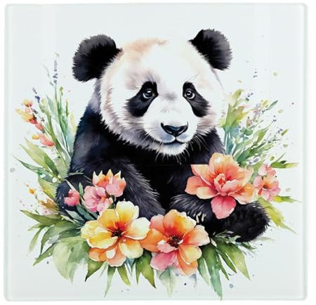 Floral Panda Large Square Glass Worktop Protector - Exotic Animals & Flowers Nature Wildlife Gifts - Smooth Kitchen Chopping/Cutting Board Worktop Saver with Non-Slip Feet 30cm x 30cm (12 x 12)