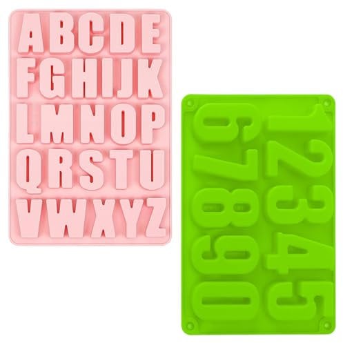 volumoon Moldes de Silicona, 2 Piezas Moldes de Chocolate con Letras y Números, Molde Antiadherente para Jabón, Grande Molde Reutilizable para Caramelos, Galletas, Decoración de Pasteles (Rosa, Verde)