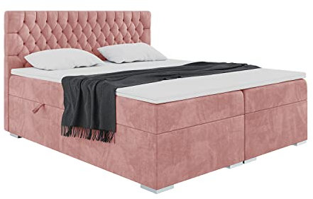 MEBLINI Lit Capitonné Adulte 2 Personnes avec Sommier et Matelas Complet - Lit Coffre Deux Place avec Tete de Lit - Lit Double avec Rangement - Dalia - 160x200 - H3/Velours Rose