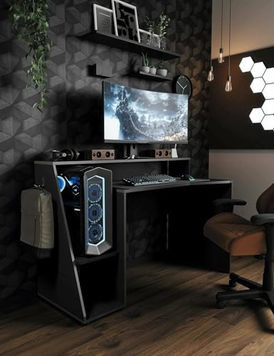 Dmora Scrivania Lot, Scrittoio da Gaming, Tavolo per Ufficio Porta PC, Piano di Lavoro, 138x67 h94 cm, Grigio Scuro e Nero