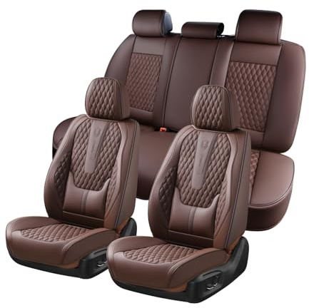Coverado Autositzbezüge Vollständiges Set, 5 Sitzbezüge Leder für Autos, Autositzschoner mit Lendenwirbelstütze, wasserdichte Sitzbezüge universell passend für die meisten Autos SUV LKW (Kaffee)
