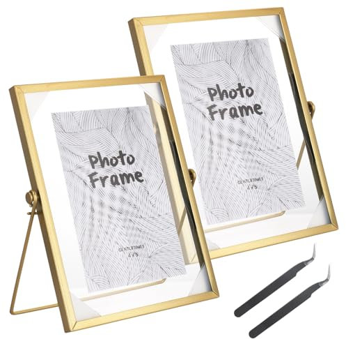 Lot de 2 Cadres Photo en Verre A5, 15x21cm Métal Cadre Double Face Transparent, Cadres en Verre pour Fleurs Pressées, Cadre Photos pour pour Fleur Pressée Certificat Table Murale Décoration (Doré)