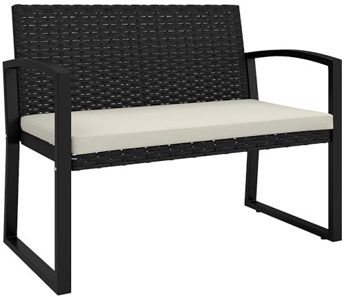 Outsunny 2 Seater Rattan Garden Bench, Outdoor Bench with Cushion, PE Wicker Garden Loveseat with Armrests, Galvanised Steel Frame for Patio, Park, Black