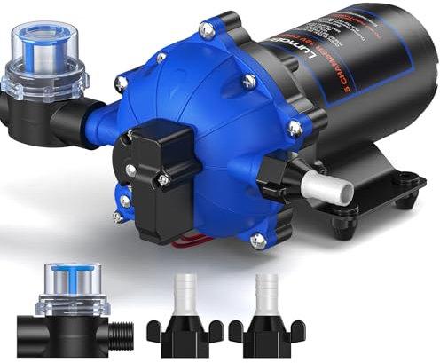 LumaBrite 12V DC Water Pump, 7.0GPM 70PSI RV Fresh Caravan Water Pump Five Chamber Self-Priming Diaphragm Pump with Heavy Duty Pressure Switch and Strainer for RV, Marine, Yacht, Caravan