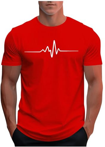 UHouse Tee Shirt Homme Sport Tshirt à Manches Courtes T-Shirts Ete Imprimé Teeshirt Col Rond Haut D'Été Streetwear Grande Taille Fin Cut Top Coton Délavé Habit Rouge M