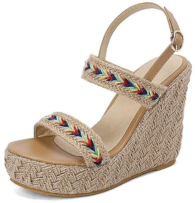 Sandales Compensées pour Femme, Sandales Compensées en Paille À Talon Super Haut De 4.7 Pouces, Chaussures D'été Rétro À Bout Ouvert Et Bride Cheville pour Femme(42 EU)