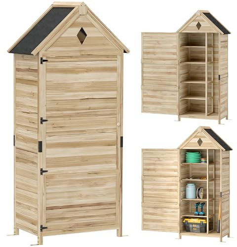 Outsunny Abri de jardin en bois étanche - 80 x 49 x 170 cm - Résistant aux intempéries - Avec porte, toit à pignon, étagères, armoire à outils, abri de jardin pour jardin, pelouse, bois naturel