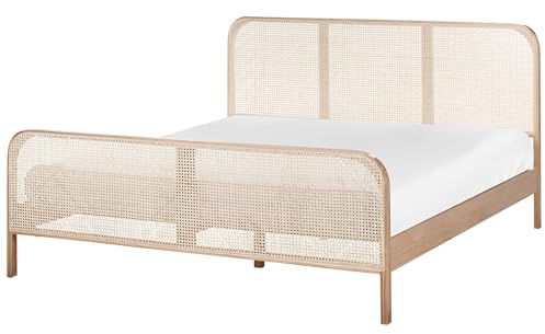 Beliani Bett Kiefernholz Hellbraun mit Wiener Geflecht Kopfteil 180 x 200 cm Gonfaron