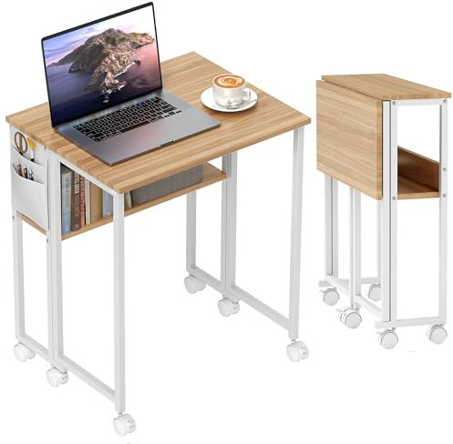 HOMCOM Folding Desk with Storage Shelf and Bag, 63 cm Foldable Computer Desk for Small Spaces, Space Saving Writing Table on Wheels for Home Office, Bedroom, Easy Assembly, Natural Wood Finish