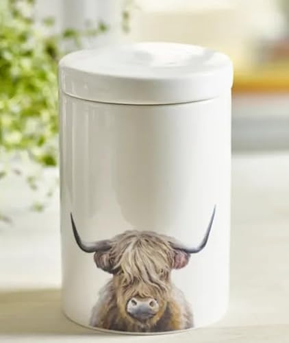 RA-HOMESTORE New Highland Cow Storage Jar, Crafted from Stoneware, Keeps Things Tidy, Tight Fitting Lid Helps Keep Contents Fresh, Perfect Addition To Your Kitchen Or Shelf.