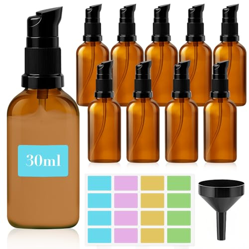 Maxumille 10x30ml Flacon Pompe Vide en Verre Marron avec Stickers Entonnoir | Flacons à Pompe en Ambré Rechargeables, Protection UV, Résistant aux Fuites, Bouteille de Lotions pour Huiles Essentielles