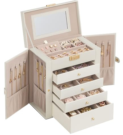 SONGMICS Scatola Portagioie a 5 livelli, Porta Gioielli con 4 Cassetti, Capiente, con Specchio Interno, Chiusura a Chiave, Cofanetto Portagioie, Idea Regalo, per Orologi, Bianco Crema JBC153WD03