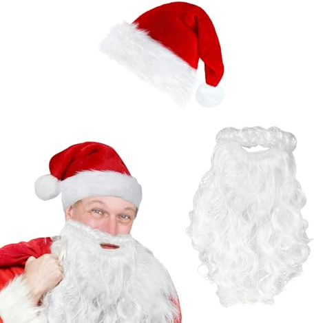 WEITAPYT Weihnachtsmann Bart + Mütze, Weihnachtsmannmütze und Weiße Santa Claus Beard Set Erwachsene Cosplay Kostüm Zubehör für Rollenspiele Heiligabend Weihnachten Halloween Party Deko (Typ 2)