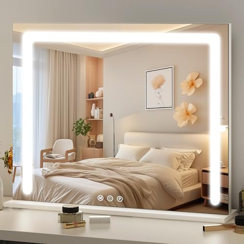 baklon Schminkspiegel mit Beleuchtung 80x60cm, 3 stufenlos dimmbare Lichtfarben, Dimmbare Helligkeit, berührungsempfindliche Steuerung, USB-Ladung, 10-fache Vergrößerung