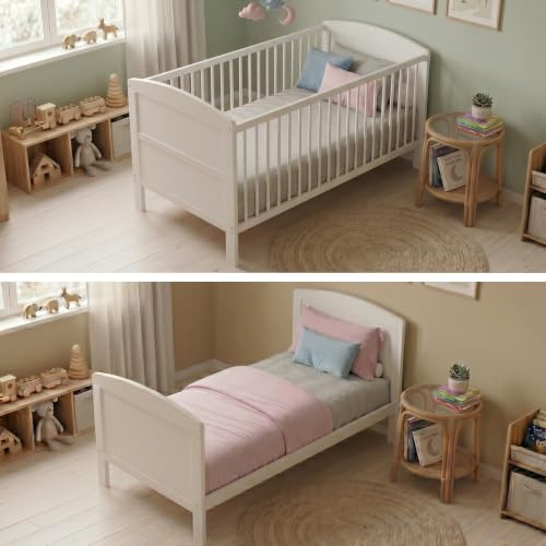 Babybett 70x140 umbaubar mit Matratze, Gitterbett Kinderbett höhenverstellbar & herausnehmbare Sprossen optional mit Schublade | weitere Größe: 60x120cm | 70x140cm: von Geburt bis 6. Lebensjahr, Weiß