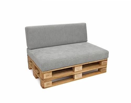 POKAR Palettenkissen 2er Set: Sitzkissen 120x80 + Rückenkissen 120x40 | Palettenauflagen aus Cordstoff mit Abnehmbarem Bezug | Sitz und Rückenlehne für Palettenmöbel | Öko Tex | Made in EU | Grau