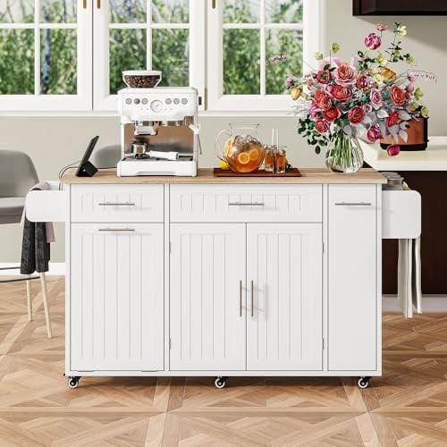 gonew21 Îlot de cuisine avec prise, USB et compartiment poubelle - Plan de travail pliable (jusqu'à 70 cm), organiseur coulissant à 3 niveaux, 6 roulettes, 2 tiroirs, 135 x 40 (70) x 90 cm, blanc