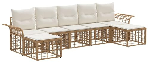vidaXL Outdoor-Sofagarnitur 7 pcs Natürlich und Cremweiß Polyester, Moderne, wetterfeste, modulare Sofagarnitur mit verstellbaren Füßen, bequemen Kissen zum Entspannen