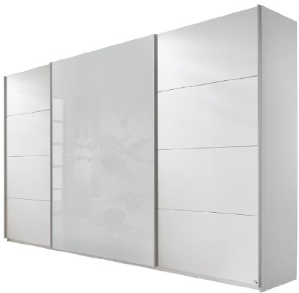 Rauch Möbel Quadra Kleiderschrank, Schwebetürenschrank, 3-türig, inkl. Zubehörpaket Basic 4 Einlegeböden 4 Kleiderstangen, Farbe Alpinweiß, BxHxT 315x210x62cm