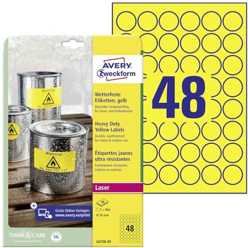Avery Zweckform L 6128–20 Weatherproof Film Labels Diameter 30 MM 20 Sheets 960 Labels Yellow