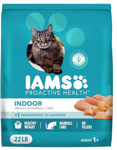 IAMS Proactive Health Dry Cat Food, Indoor Weight and Hairball Care Cat Food Dry Recipe, with Real Chicken in Every Bite, 22 lb. Bag