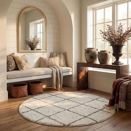 SAFAVIEH Hudson Shag Round Rug 7', Plush Trellis Ivory & Grey SGH281A