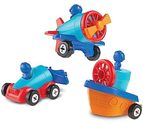 Learning Resources 1-2-3 Mach was draus! Auto-Flugzeug-Boot, Ab 2 Jahren, 3-in-1 Konstruktionsspielzeug, Fördert Feinmotorik und frühe Mint-Fähigkeiten, Mit Schraubenzieher-Figur