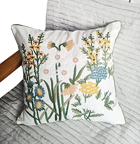 ZUODU Hand Made Embroidery Home Decoration Daisy Cushion Cover 45 X 45 Cm Chrysanthemum Pillow Cover 18 x 18 Inch Green