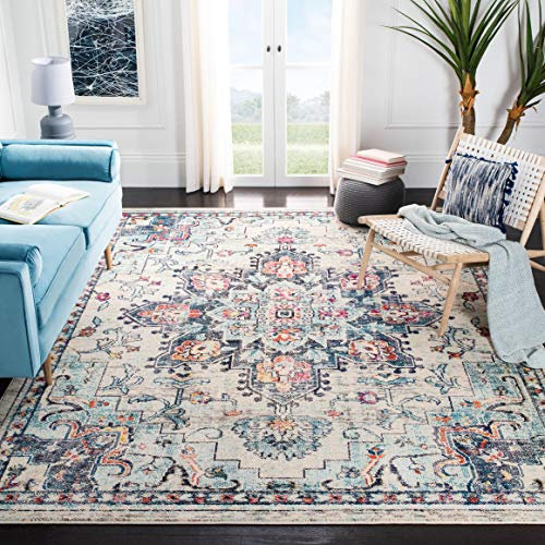 Safavieh Tapis Boho pour Salon, Salle à Manger, Chambre à Coucher - Madison Collection, Tapis à Poil Court, Crème et Bleu, 244 x 305 cm