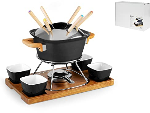 H&H Servizio Fonduta In Alluminio 15 Pezzi Nero Base In Legno