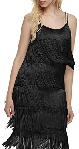 ECDAHICC Damen Kleider Flapper Kleider 20er Jahre Gatsby mit Allover Fransen Minikleider, Schwarz, Groß