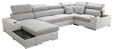 Großes Ecksofa mit Schlaffunktion Porte 358 cm x 205 cm - Wohnlandschaft U-Form - Schlafsofa mit Bettkasten - XXL Sofa Gewebe mit Kunstleder - Linke Seite - Farbauswahl 26