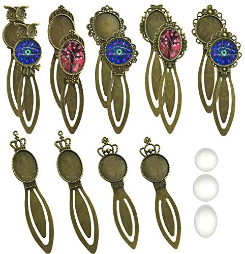 Allazone 14 Stück Lesezeichen Anhänger Tablett mit Glas Cabochon für Lesezeichen DIY machen, Liebhaber Lesen, Halskette