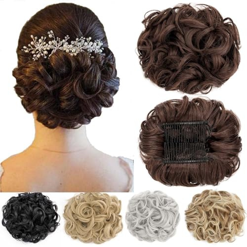 Short Messy Curly Dish Hair Bun Extension Easy Stretch hair Combs Clip in Ponytail Extension Scrunchie Chignon Tray Ponytail Hairpieces Medium Brown