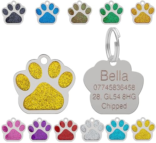 Personalised Engraved Pet Tag for Pets | Vibrant Paw Print Shape Glitter Stainless Steel ID Tags for Dog & Cat | Anti-Lost for Puppy, Kitten Etc | 27mm Wide (Yellow)