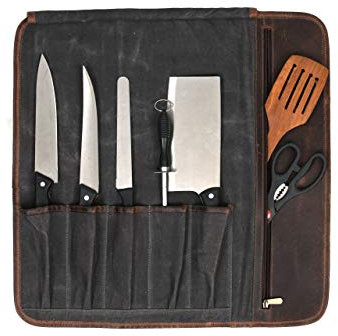 Tolredo Genuine Buffalo Leather & Waxed Canvas Chef Knife Roll Case 5 Slot and 1 Zipper Pocket for Culinary Storage Portable Water Resistant Knife Bag (Grey, 15 X 15)