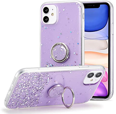 DEFBSC for 6.1 iPhone 11 Case with Ring, Glitter Sequin Clear Back Cover with 360° Rotation Ring Holder Kickstand,Soft TPU Bumper Phone Case Slim Transparent Sequin Back Case - Purple