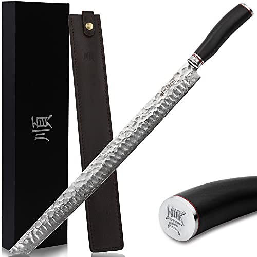 YOUSUNLONG Couteau à thon Maguro Bocho extra large 17 pouces (430 mm) Couteau à trancher Sujihiki Convient pour couper de gros thon, saumon, bœuf et mouton - Manche en ébène avec étui en cuir