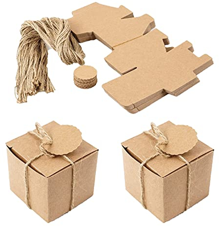 Cajas Cuadradas para Regalo, 50 Piezas Cajas de Papel Kraft para Regalo, Cajas de Dulces para Boda, Cajas de Papel Pequeñas con Cuerda de Cáñamo y Etiquetas, para Boda, Fiestas, Navidad, Cumpleaños