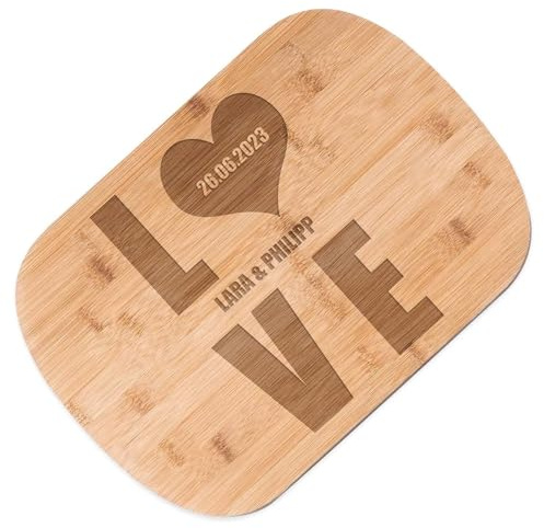 Maverton Bambusholzbrett mit Gravur - Schneidebrett aus Bambus - Küchenbrett - Größe: 35x25 cm - für Paare - zum Hochzeitstag - zur Hochzeit - zu Weihnachten - Love