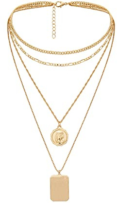 Ayoiow Sautoir Femme Long,Collier Multirangs Plaqué Or Géométrique Or Collier