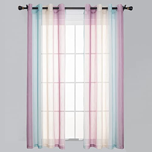 Ricemru Gardinen Regenbogen Kinderzimmer Lila Blau Beige 2er Set Vorhang Farbverlauf Ösen Kurz Gardine Halbtransparent Kinder Baby Dekoschals für Babyzimmer Schlafzimmer,140x160