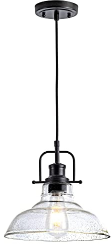 Zlepmlla Glass Pendant Light,Black Pendant Light Fixtures with Seeded Glass Shade, Adjustable Height Hanging Lights for Hallway, Kitchen Island, Dinning Room(Bulb not Included)