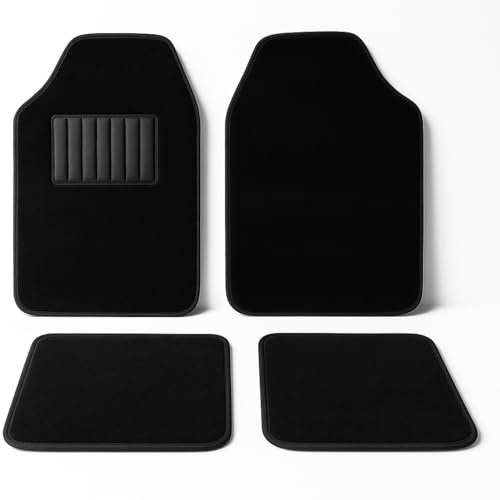 AUTOZOCO Alfombrillas de Moqueta Universales para Coche, Diseño con talonera de Goma, Alfombrilla Lavables, Alfombrillas automóvil moqueta, Delanteras 65x42 cm, traseras 29x42 cm, Negro